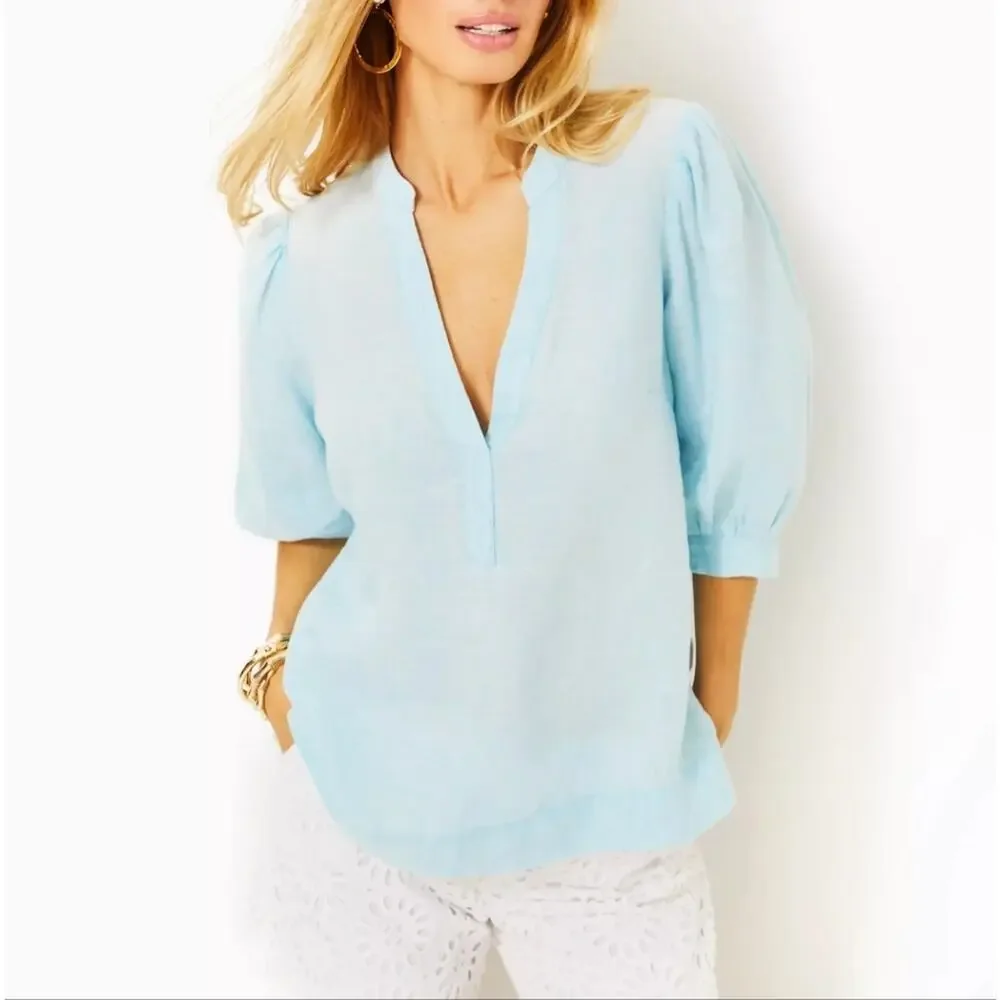 Lilly Pulitzer Mialeigh Blue Linen V-Neck Puff Sleeve Tunic Top NWT XL $138